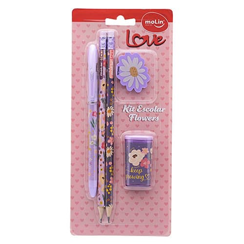 KIT ESCOLAR FLOWERS - 1CANETA 2LAPIS 1BORRACHA 1APONTADOR