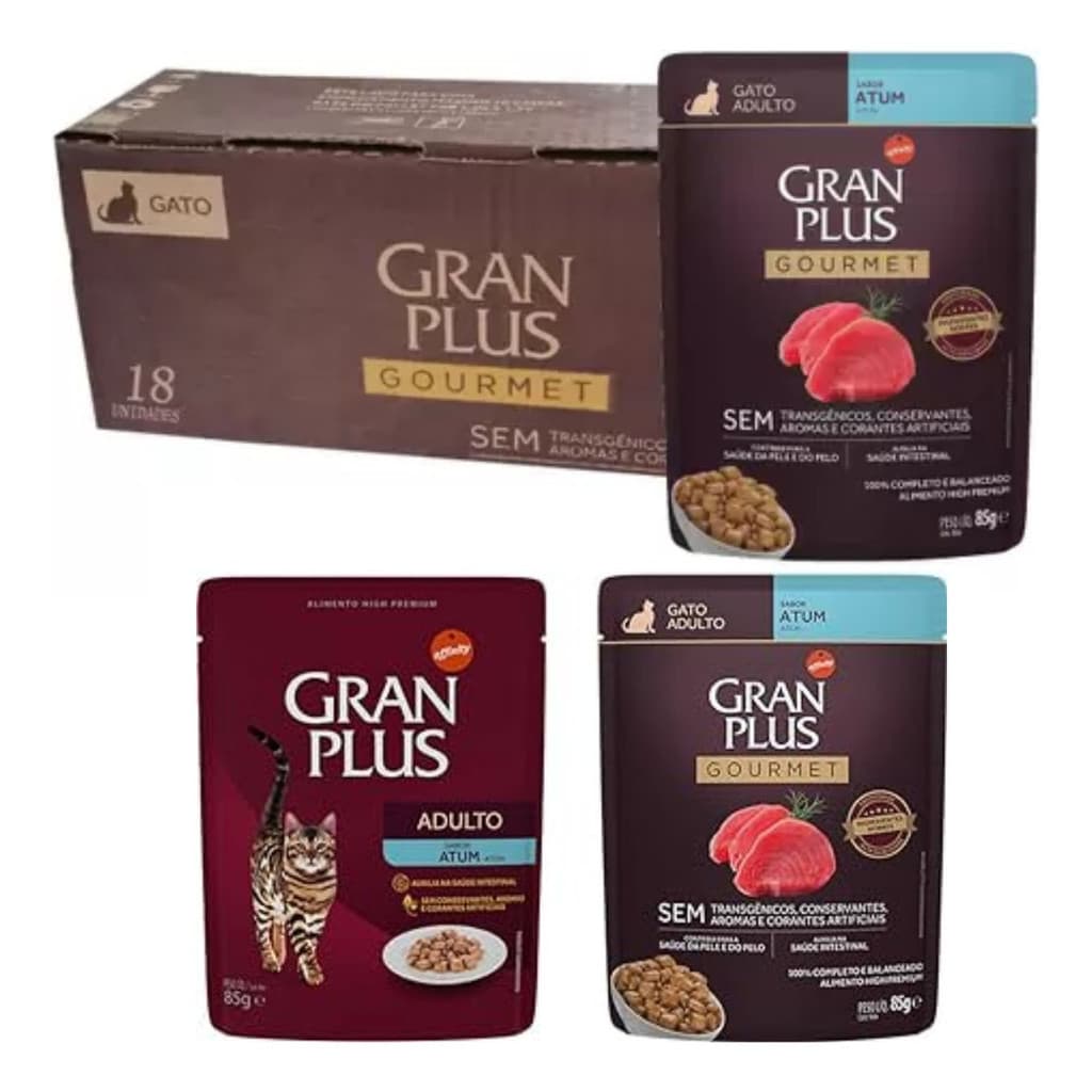 Sachê Ração Úmida Gran Plus Gourmet Gato Atum 85g C/ 18un