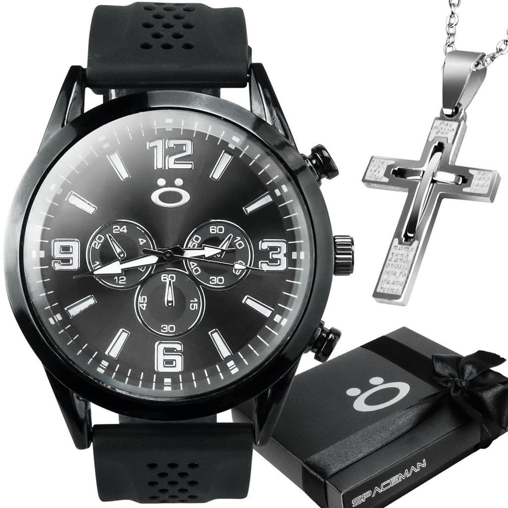 Relogio aço inoxidavel preto + corrente crucifixo social