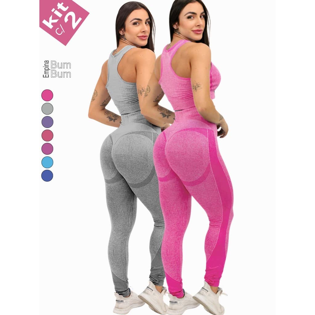 Kit c/ 2 Calça Legging Esportiva Academia Yoga Levanta Bumbum Sem Costura Cintura Alta
