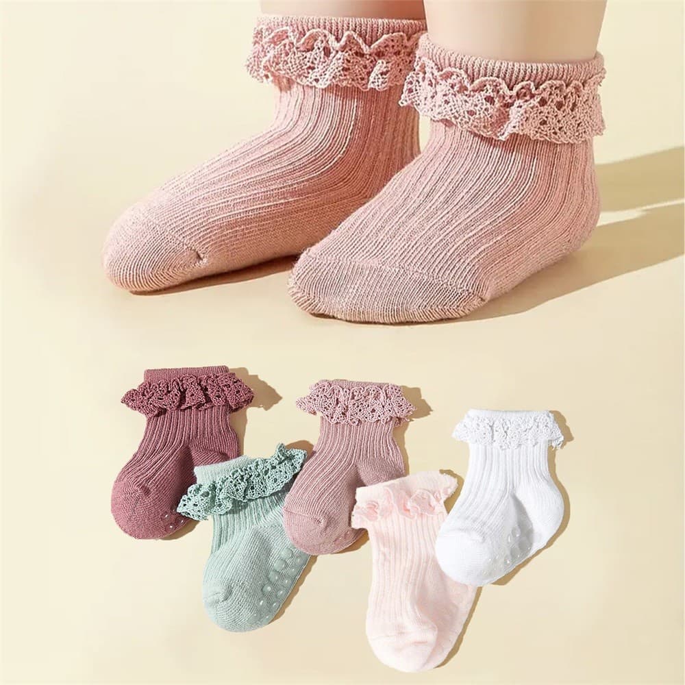 Meias Fofas De Renda Com Babados Para Bebês De 0 A 6 Meses , Infantis Antiderrapantes De Algodão