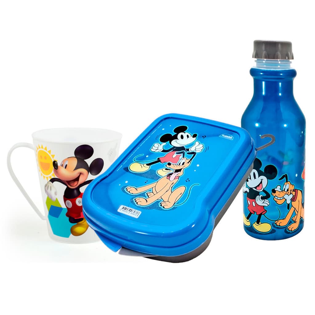Kit Mickey, Garrafinha Infantil 500ml Retrô, Caneca Infantil 360ml e Sanduicheira infantil Plasútil