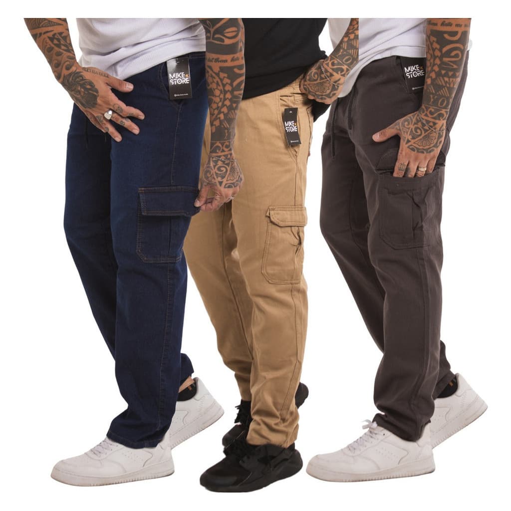3 Calças Cargo Moda Masculina Bolso Lateral Street  Sk8