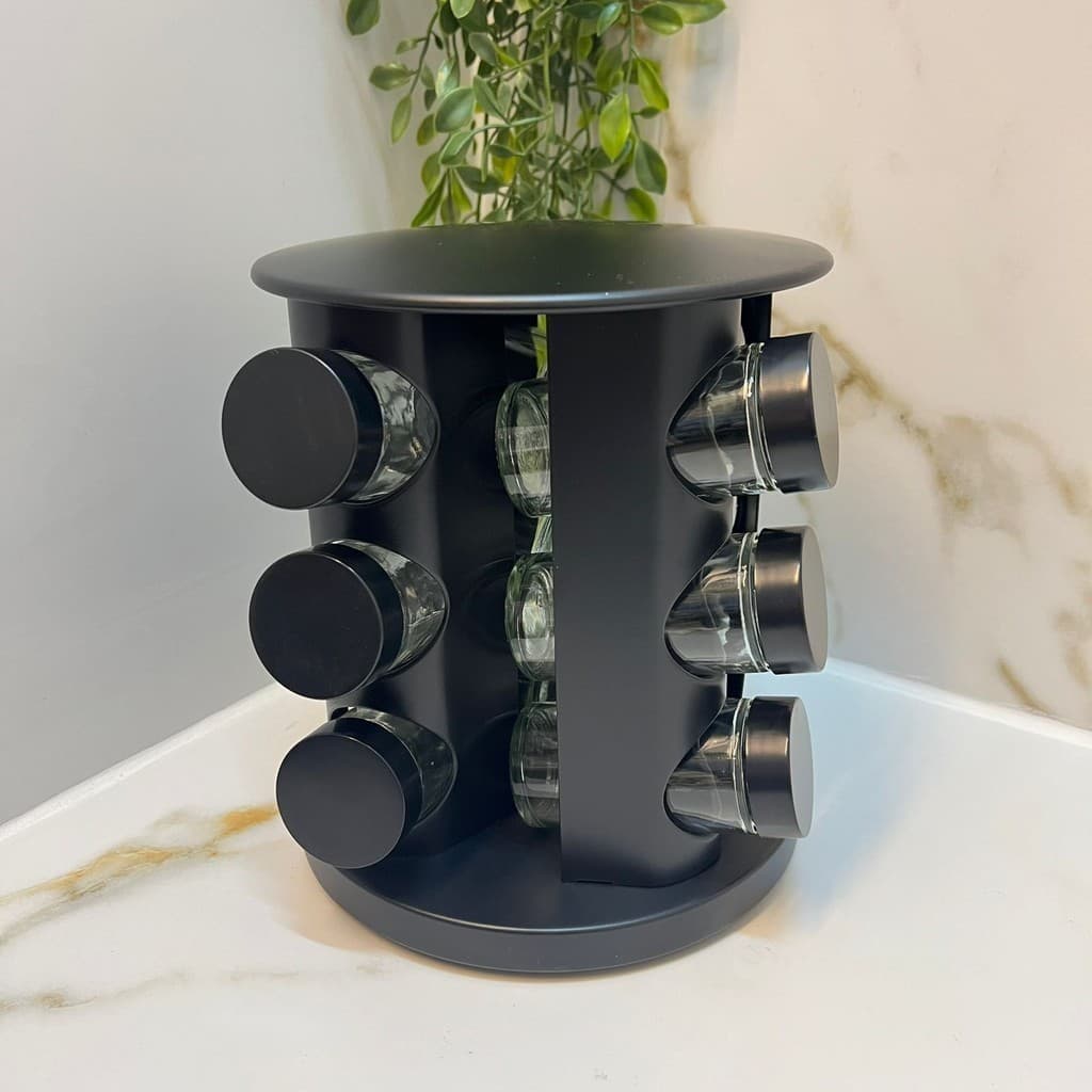 Porta Tempero/Condimentos Vidro Bancada Com Suporte Giratório Preto 13 Pçs Dolce Home