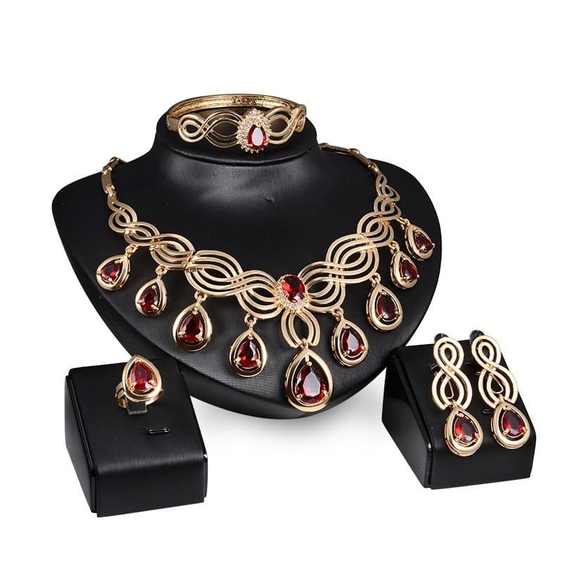Conjunto De Jóias Para As Mulheres Colar De Cristal Com Peças De Ouro Brincos Anéis De Casamento Q1FU