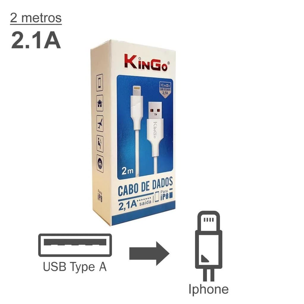 Cabo USB X Lightning Kingo 2.1A 2 Metros