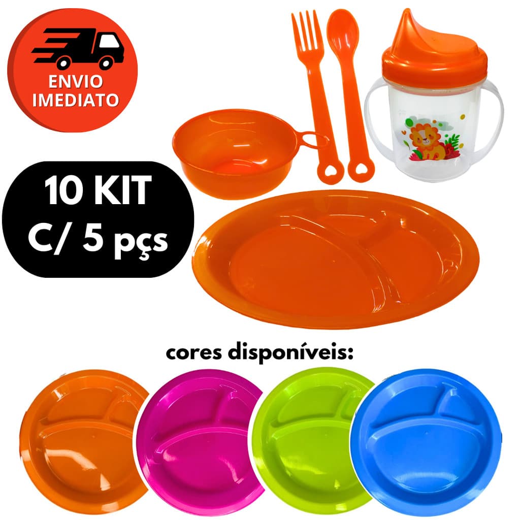 Kit Conj. Papinha Refeição Infantil Plástico 05 pçs Prato Divisórias/ Talheres/ Copo/ Tigela