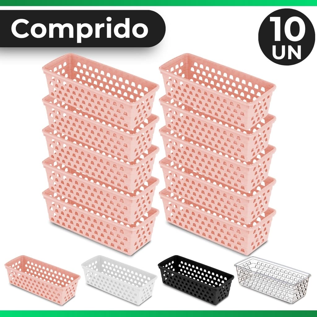 Kit 10 Cestos Organizador Multiuso 28x11x8cm Transparente Preto Branco Rosa Organizador de Geladeira