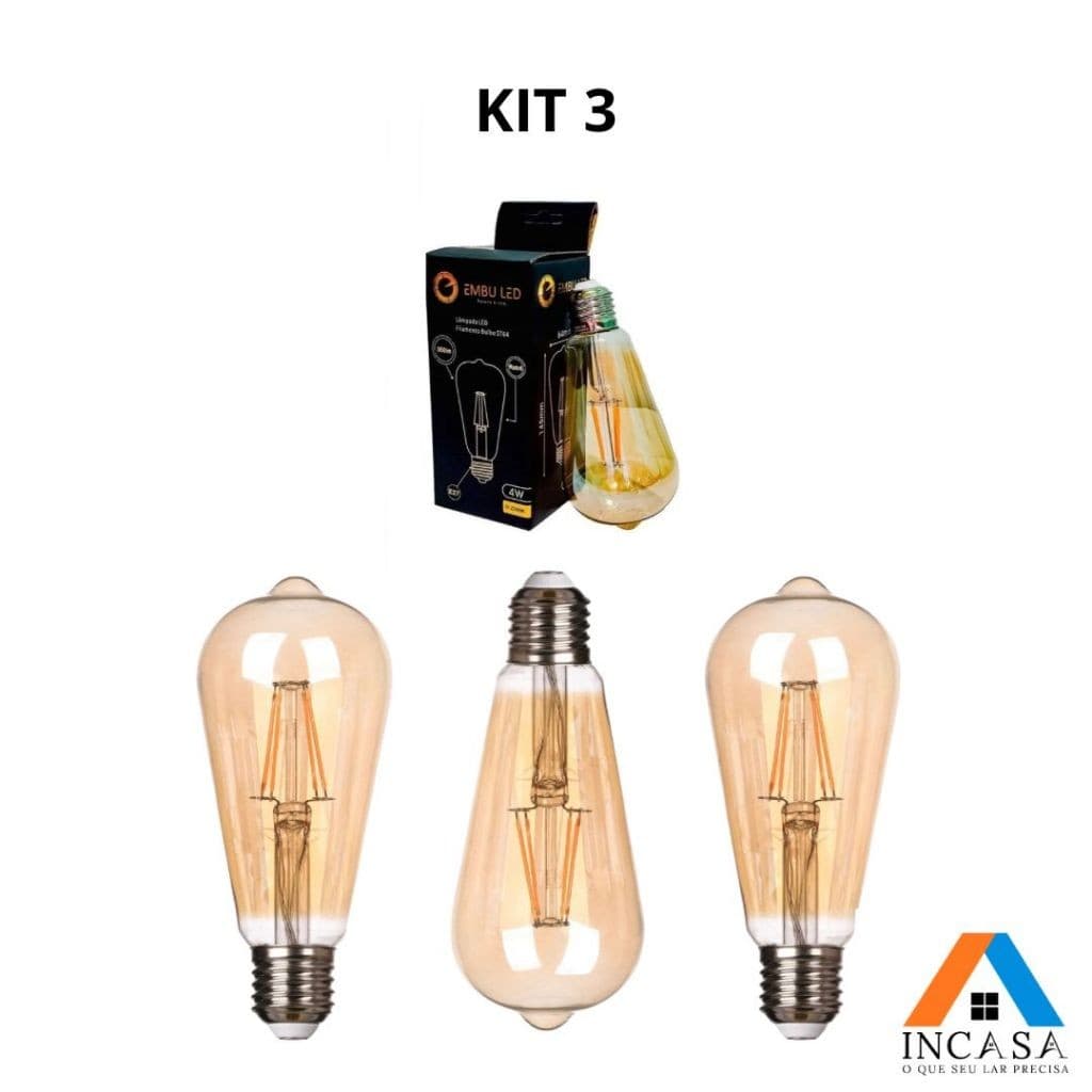 Kit 03 Lâmpadas ST64 4W Retrô decorativa Vintage Filamento de Carbono 127V - 220V