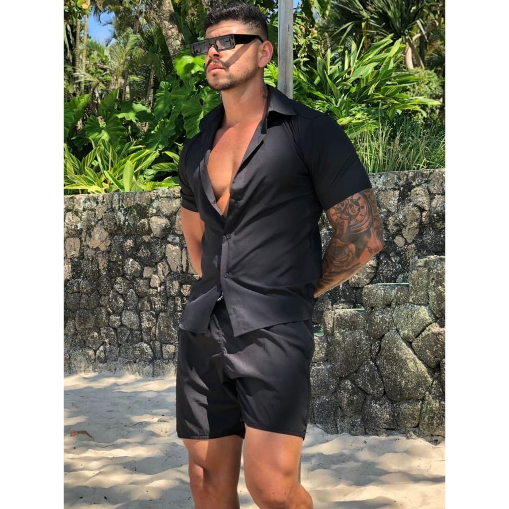 Conjunto Camisa e Short Florido Havaiano  Liso Adulto Masculino Tecido de Viscose com elastano