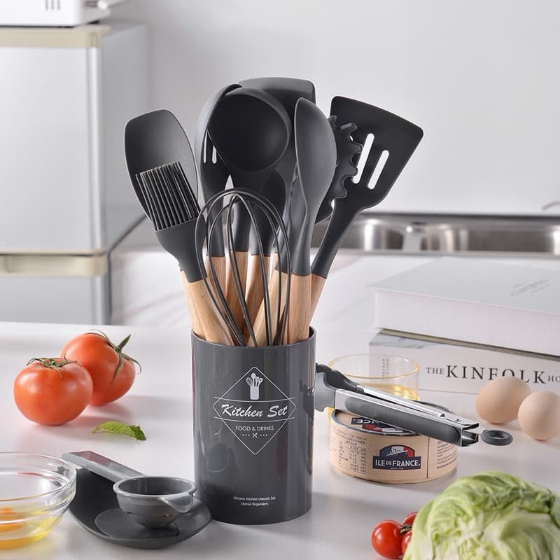 Jogo Kit 12 Peças Conjunto De Utensílios De Cozinha Espátula Silicone Cabo Madeira