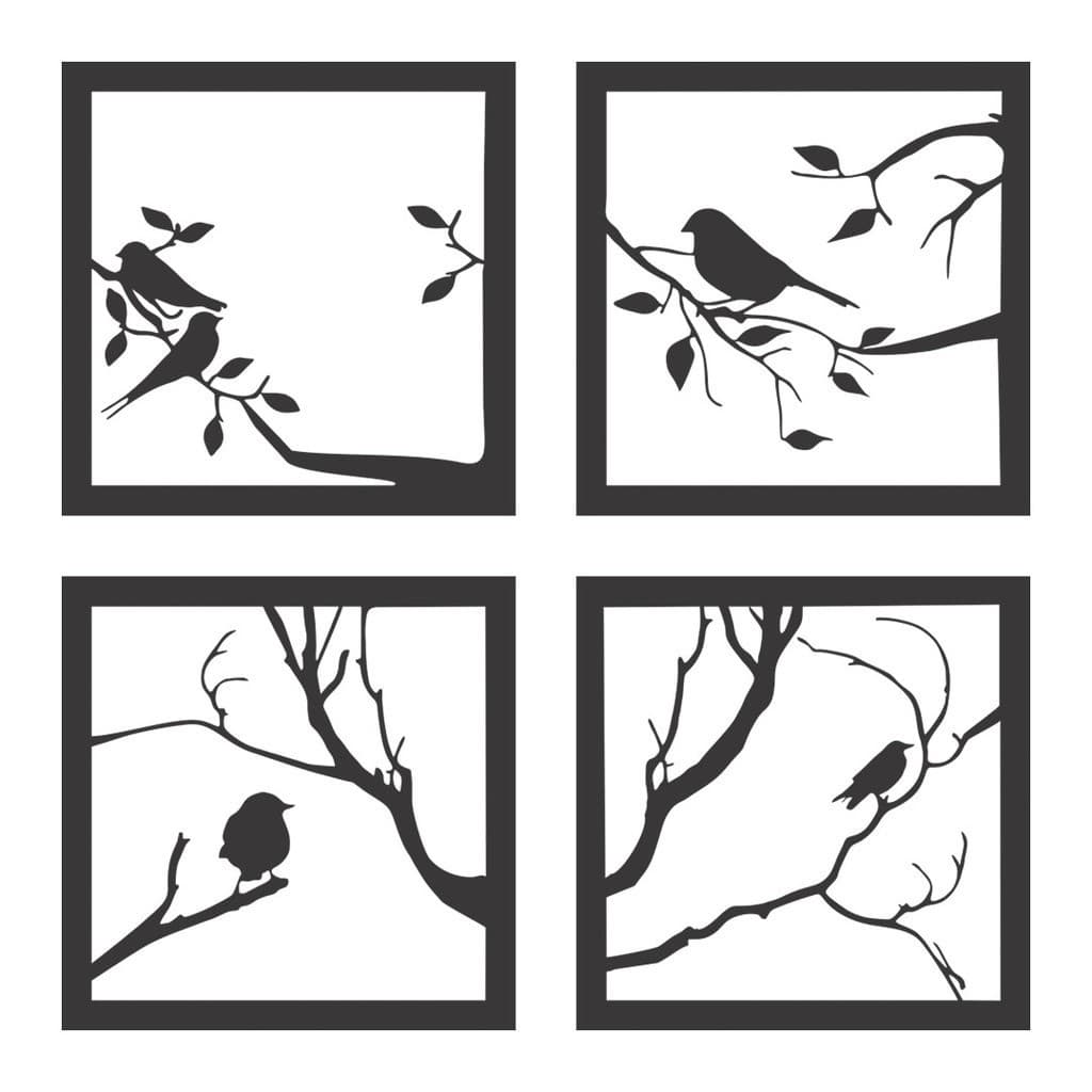 Quadro Decorativo Kit Pássaros MDF 3mm Preto Fosco