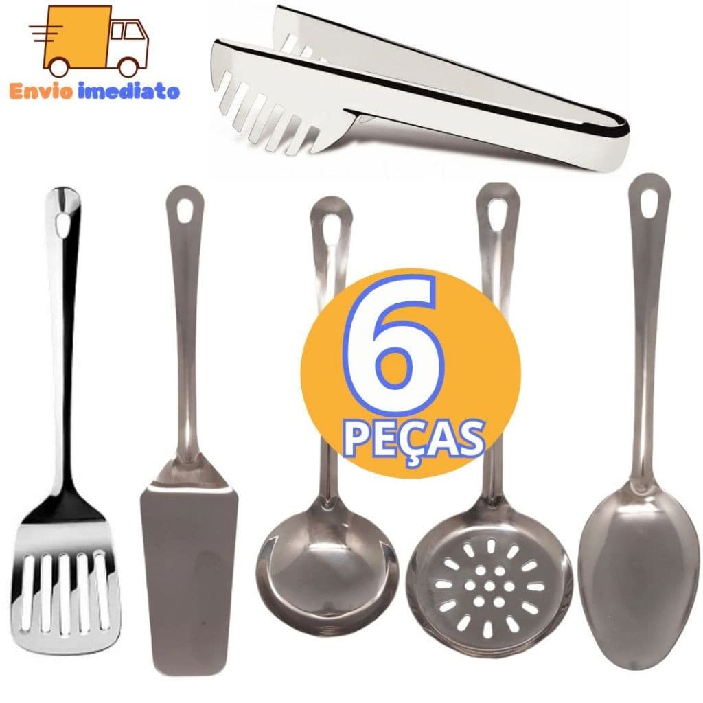 Kit Utensilios 6 Peças Escumadeira Concha Espátula Vazada Colher de Arroz Pegador de Macarrao Espatula Aço Inox