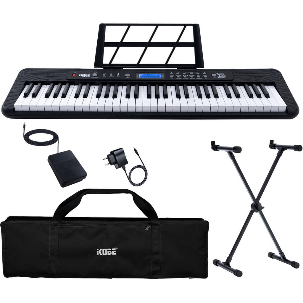 Kit Teclado Musical Eletrônico Kobe KB-300  61 Teclas Sensíveis com Pedal de Sustain Capa e Suporte