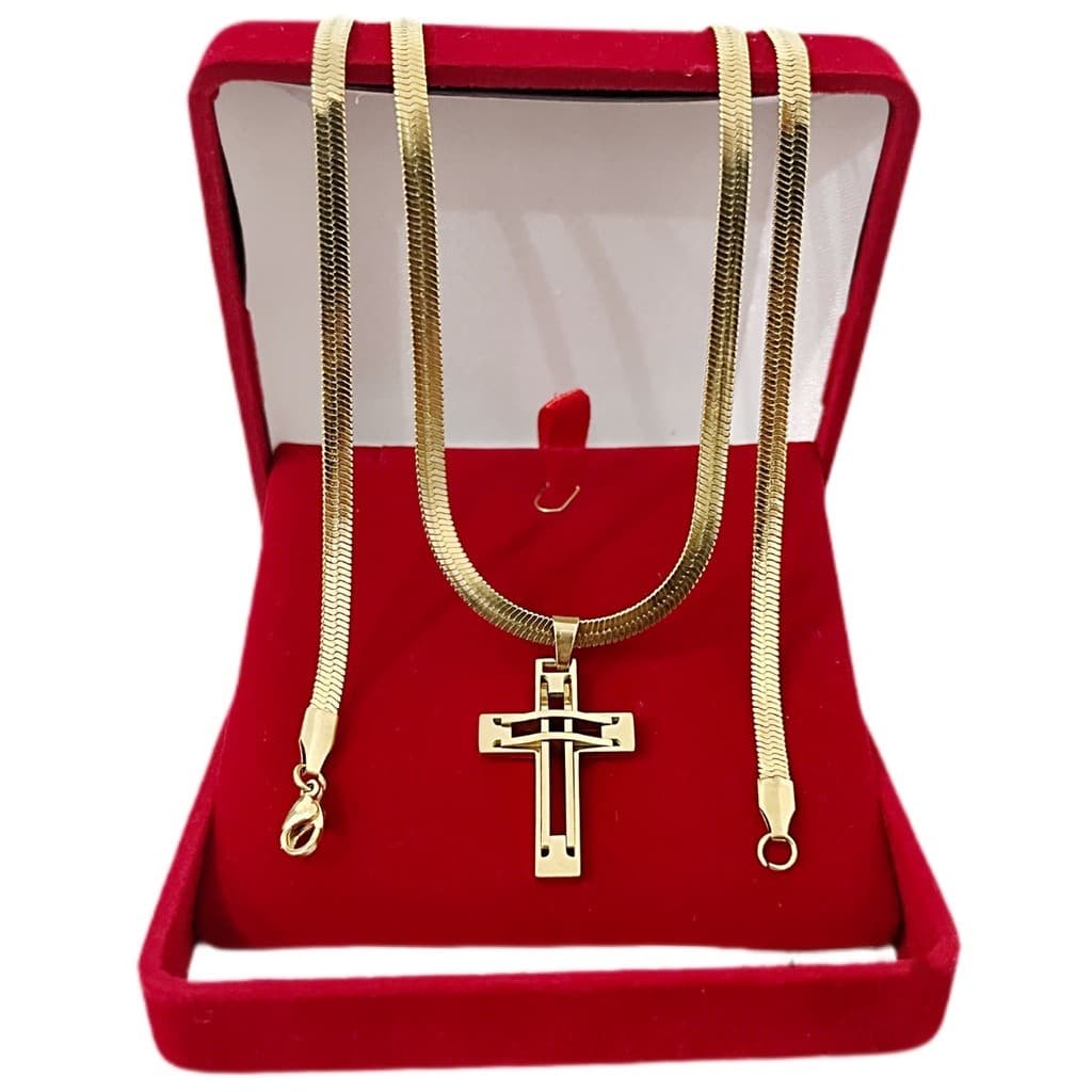 Exclusivo Colar Cordão Laminado 60cm + Pingente Cruz Banhado A Ouro