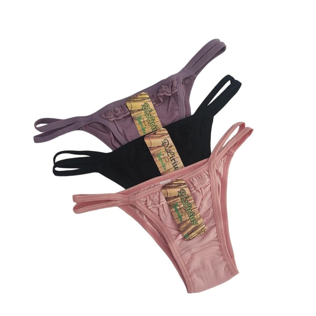 Kit 3 Calcinhas Tanga De 2 Tiras String em Fibra de Bambu Conforto Forro de Algodão
