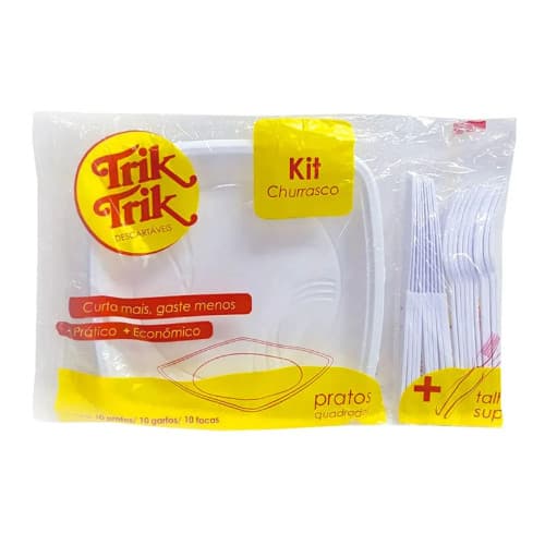 Kit Churrasco Branco Prato, Garfo e Faca Descartáveis 10 Uni de Cada - Trik Trik
