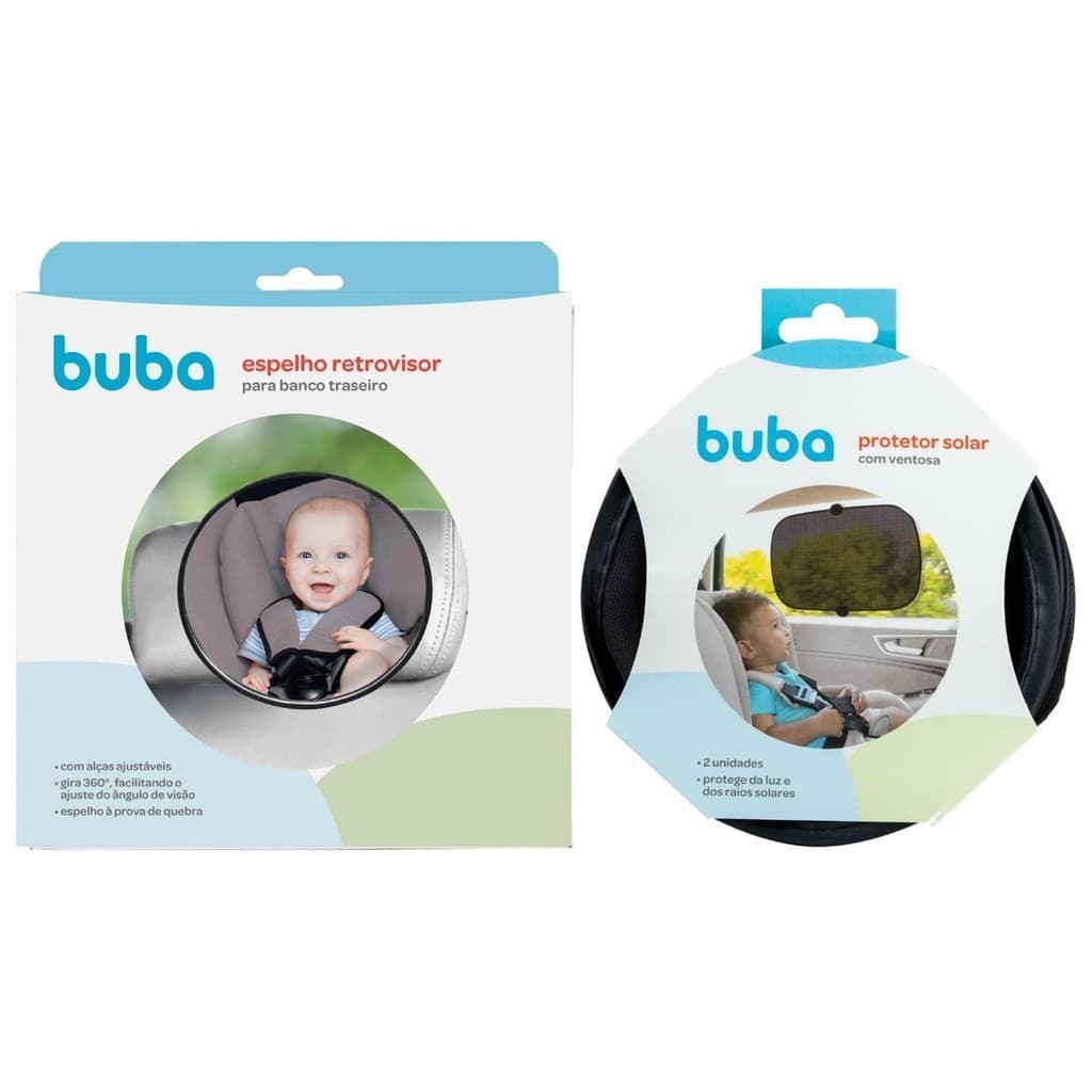 Kit Espelho Retrovisor Redondo Banco Traseiro Bebê Conforto Cadeirinha Carro e Kit Protetor Solar com Ventosas Buba