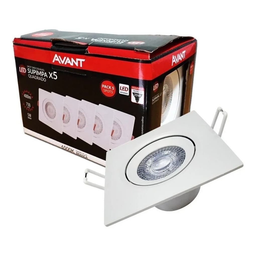 Pack 5 Spots Embutir 5W 6500K Bivolt Quadrado Avant