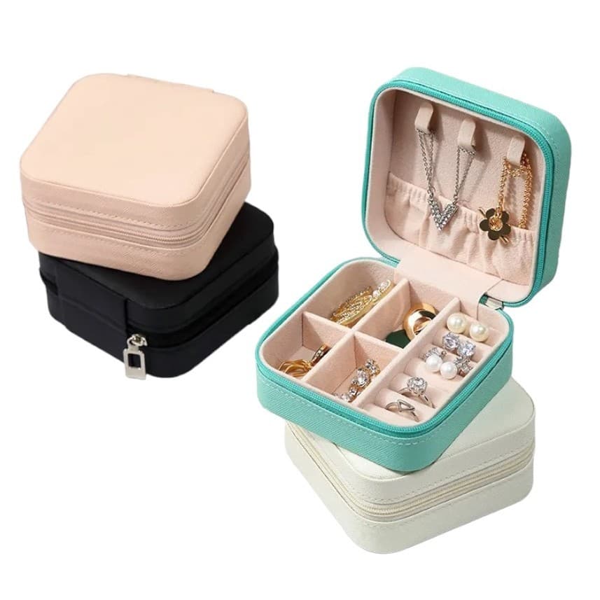 Porta Jóias Portátil Organizador Estojo Caixinha Rígida Maleta Brinco Anéis Pequeno Ideal Para Viagem Com Fecho de Zíper