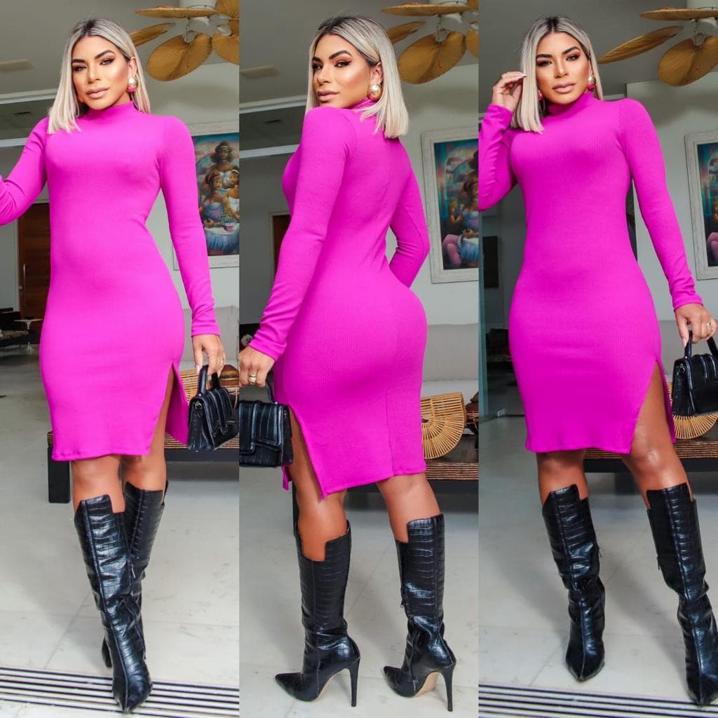 Vestido Feminino Manga Longa De Gola Alta Canelado Preto Preço de Atacado