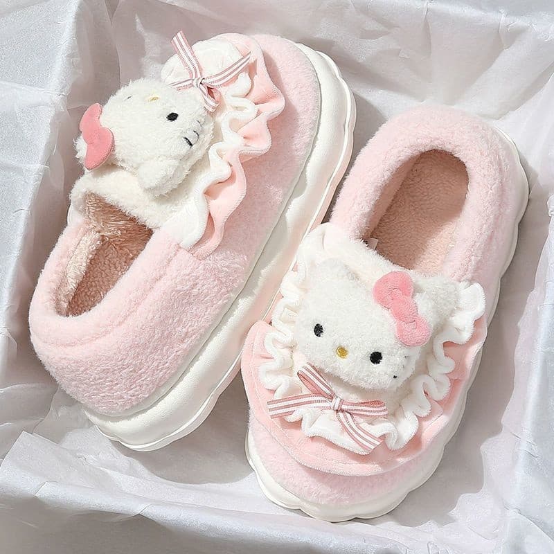 [Envio em 48 horas] Sapatos De Algodão De Calcanhar De Bolsa Inverno Femininos Princesa Do Coração Feminino Casa De Hello kitty Cat Cute Cotton Slippers