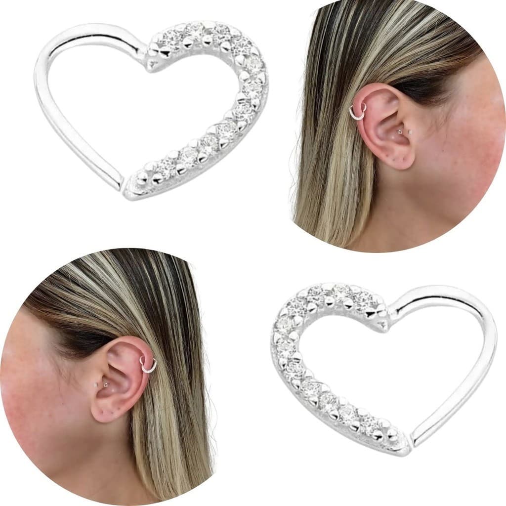 Piercing daith coração cravejado prata legitima escolha lado