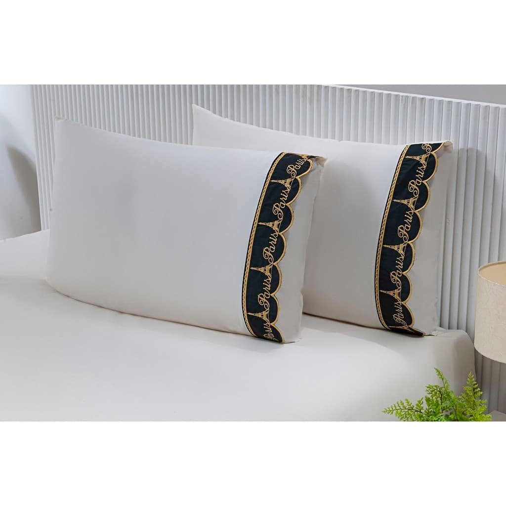 2 Fronhas King 50cmx90cm 100% Algodão 200 Fios Barrado Bordado Paris Dourado no Preto