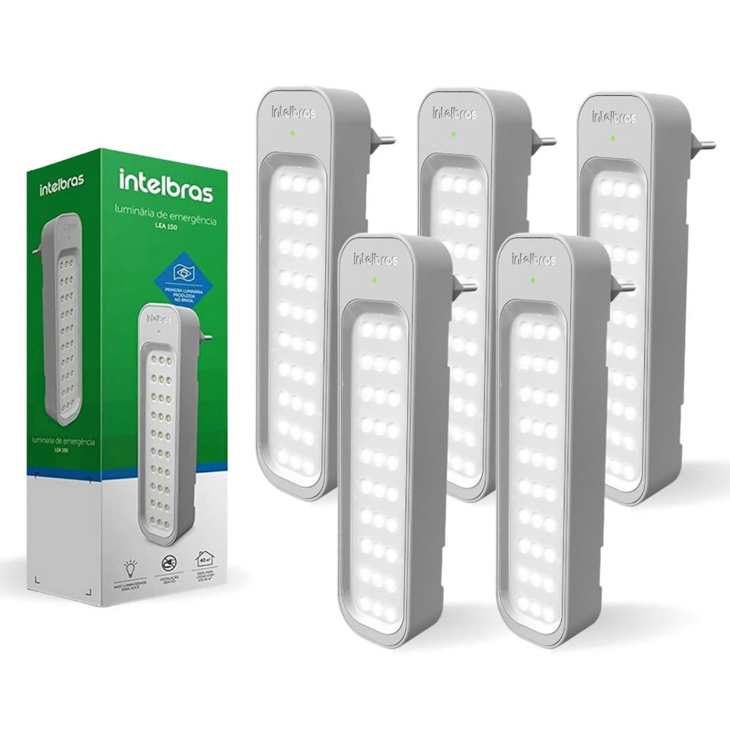 Kit 5 Unidades Luz de Emergência Luminária Lea 150 30 LEDs Bivolt 1w Lítio Intelbras Super Slim