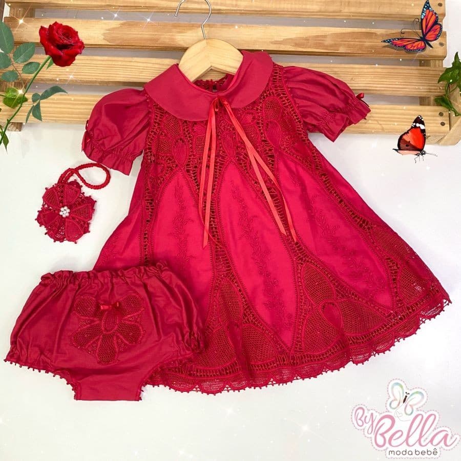 KIT COMPLETO VESTIDO (01 ano) INFANTIL BEBÊ MENINA FESTA BORDADO CLÁSSICO RENDA RENASCENÇA MADALENA VERMELHO