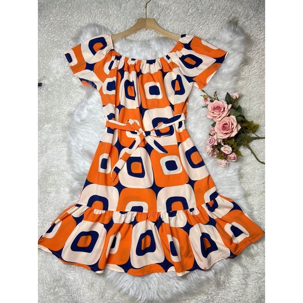 vestido curto babado cigninha manga curta estampada cinto  moda feminina crepinho