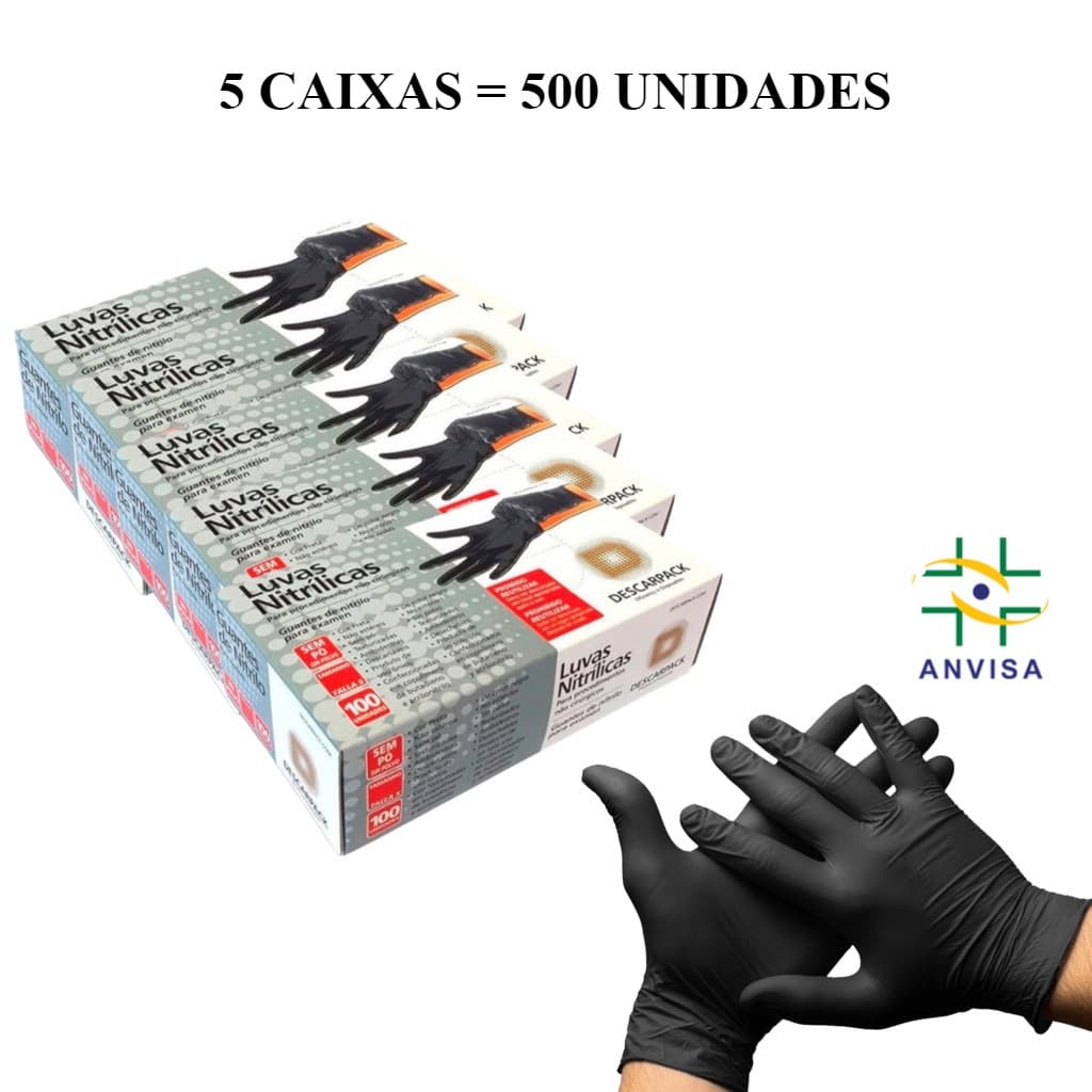 Luva Nitrilica Preta Descartável Sem Pó 5 Caixas 500 Unidades Nitrílo BARBEIRO TATUAGEM SALÃO