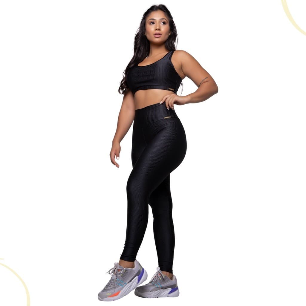Conjunto Fitness Top/Legging Malha Canelado Poliéster