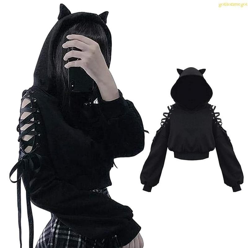 gotitonmegot Womens for Ears Long Sleeve Hoodies Oco Fora Do Ombro Frio Laço Solto Graph