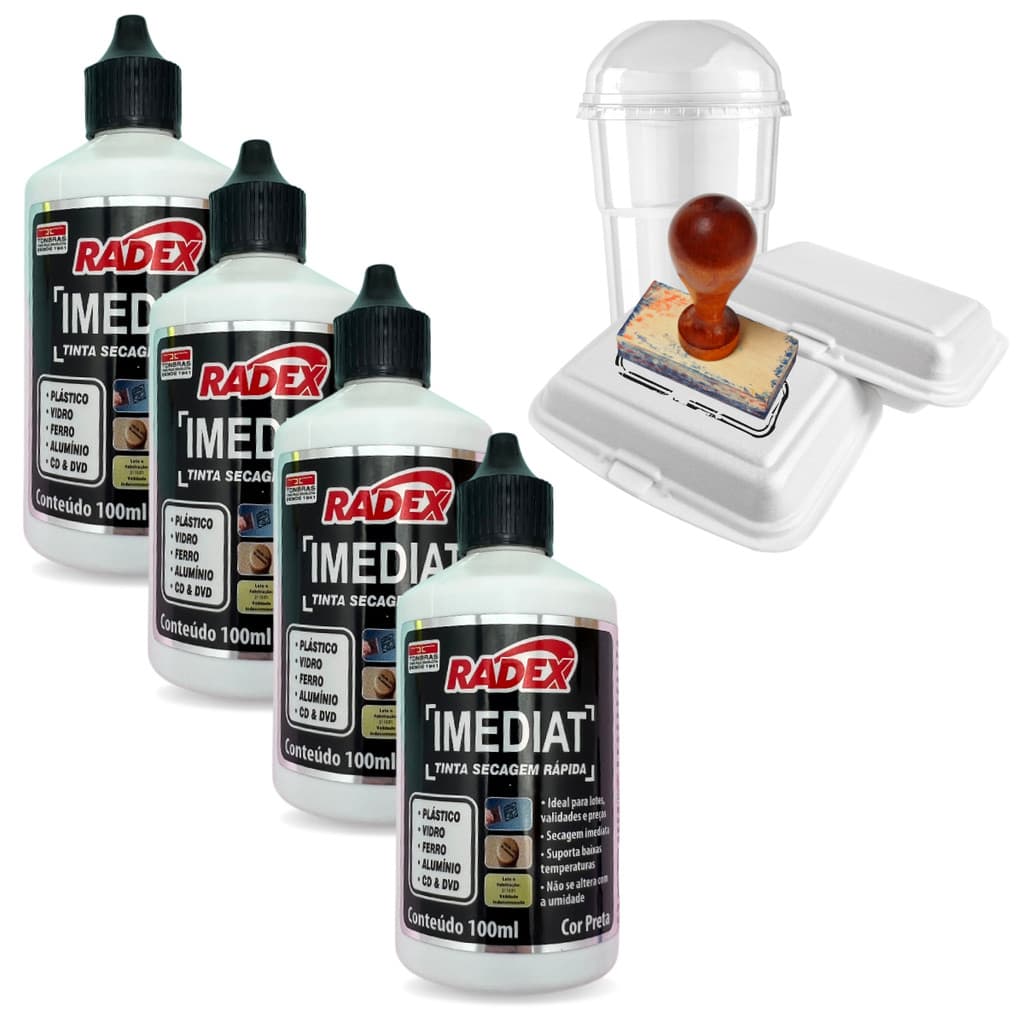 Kit 4 Unidades Tinta Para Carimbo Secagem Rápida Para Plástico 100ml Radex