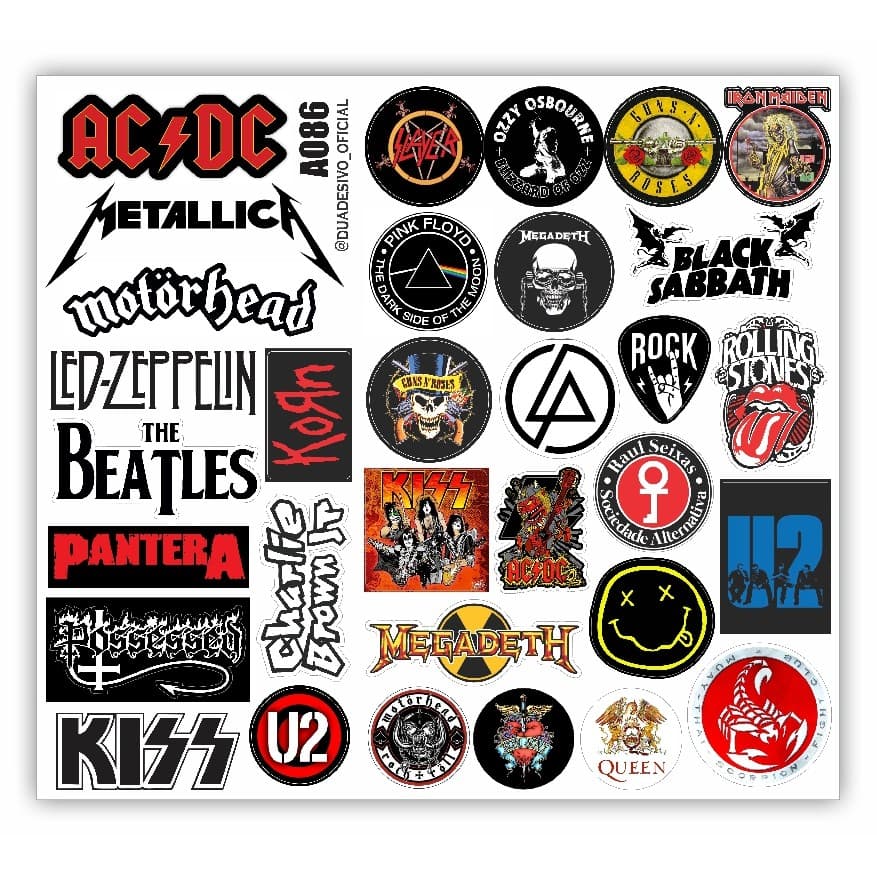 Adesivos Rock In Roll Bandas Clássicas AcDc Metallica Kizz U2 Beatles Personalizado Mega Cartela