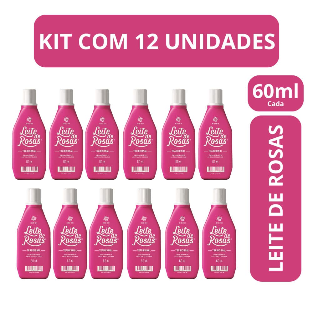Leite de Rosas Tradicional 60ml Kit c/12 Unidades Loção Corporal Desodorante Leite de Rosas
