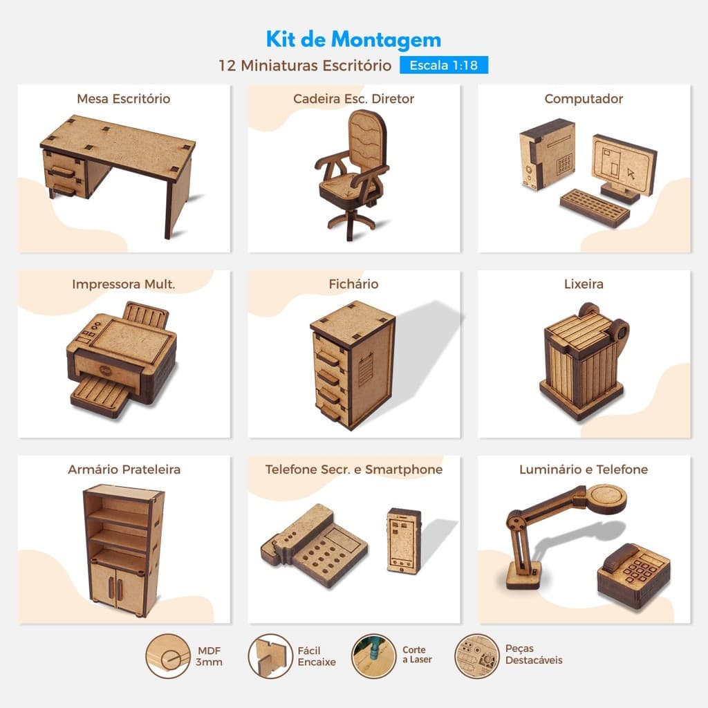 Kit de Montagem 12 Miniaturas Escritório Escala 1:18 Maquete Diorama Puzzle 3D