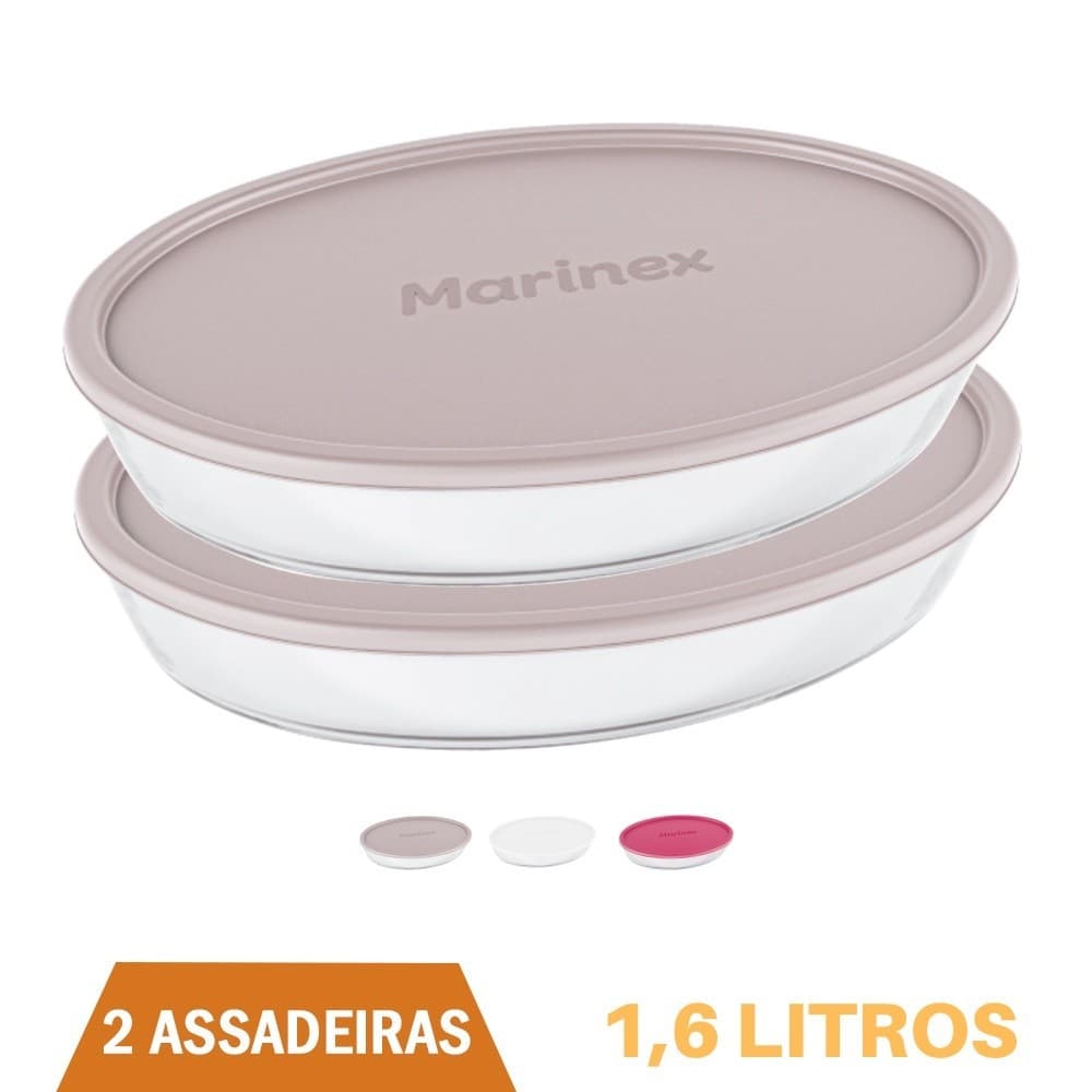 2 Assadeiras Oval Vidro Com Tampa 1,6L Refratário Marinex