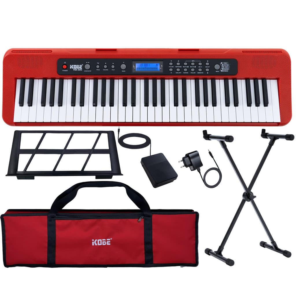 Kit Teclado Musical Kobe KB-300 5/8 Teclas Sensitivas ao Toque com Pedal Sustain, Capa e Suporte