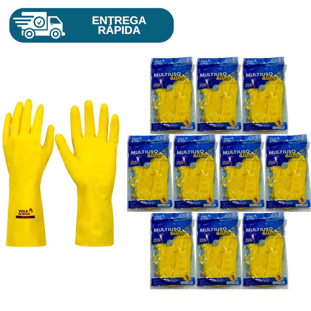Kit 10 Prs Luva De Latex Amarela Multiuso Forrada Antiderrapante Impermeável Para Limpeza Louça Faxina Jardinagem Volk