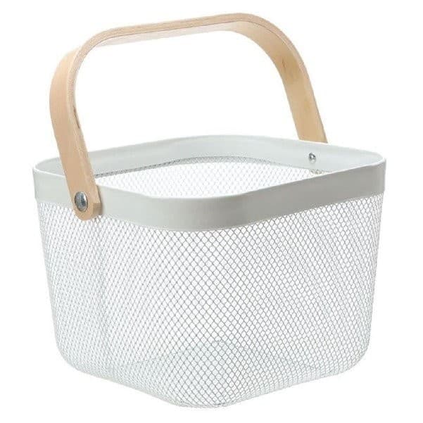 Cesto Organizador Metal Alça Madeira Branco 24,5x26,5x31,5cm Cesto Organizador Metal Alça Madeira Branco 24,5x26,5x31,5cm