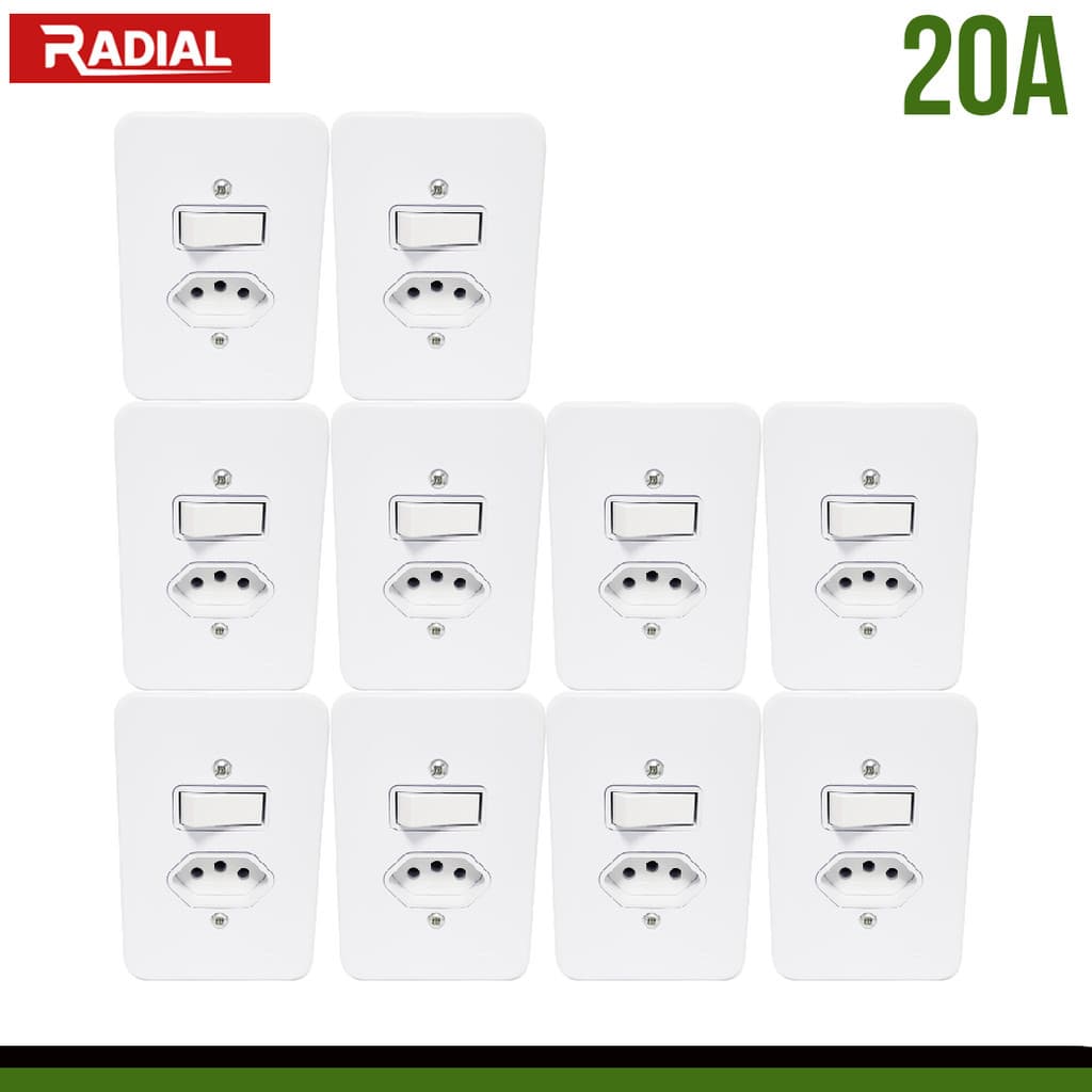 kit 10un Tomada 20A Com Interruptor Simples Apagador Radial
