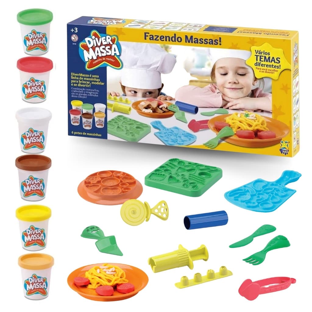 Kit Massinha de Modelar Diver Massa Fazendo Massas com 15 Acessórios Divertoys