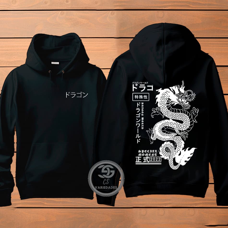 Moletom Dragão Ganji Dragão costas Estampa Frente e costas Streetwear Com Capuz Flanelado Agasalho de Frio Unissex