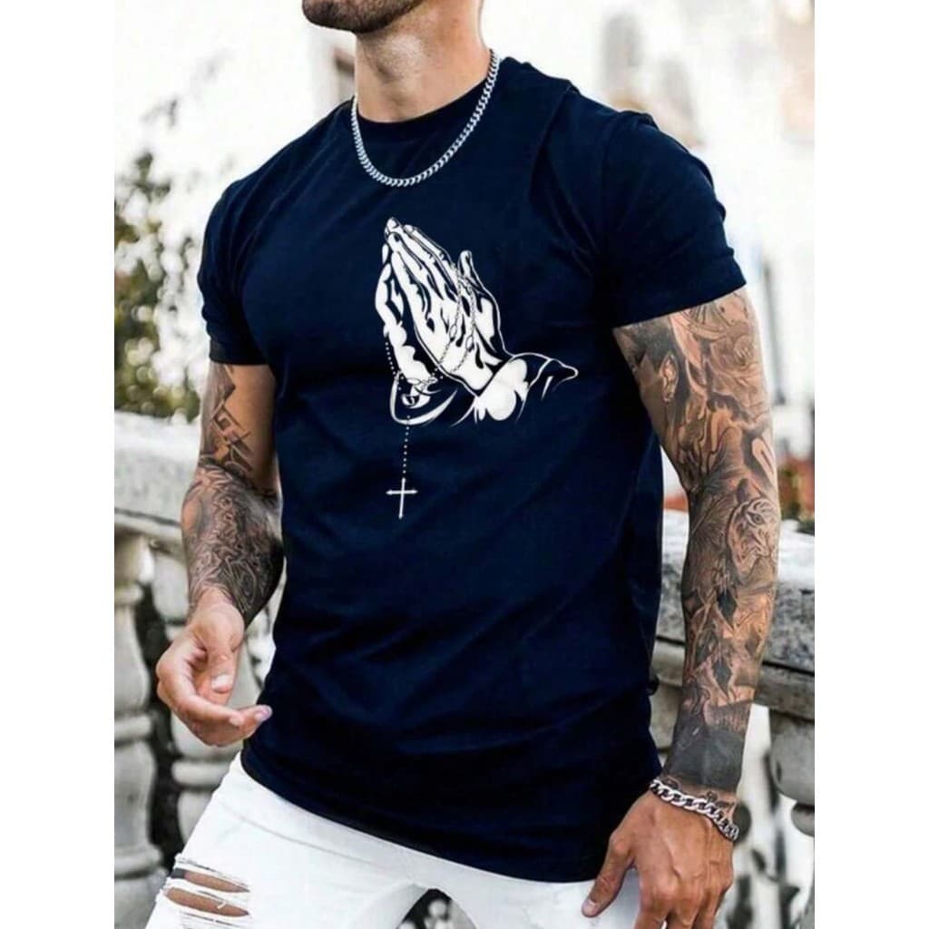 Camiseta Masculina Católica Mão Terço Camisa 100% Algodão Blusa Básica