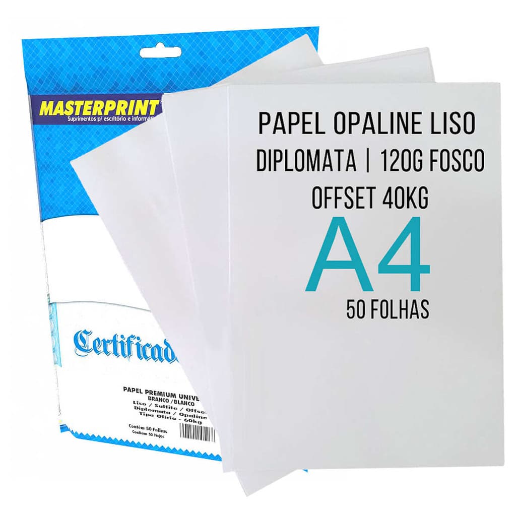 Papel Offset Opaline A4 120g 40kg Diplomata Branco Liso com 50 folhas Masterprint