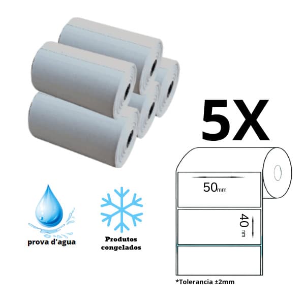 5 ROLO ETIQUETA PROVA DAGUA MINI IMPRESSORA XD-210 - 50X40