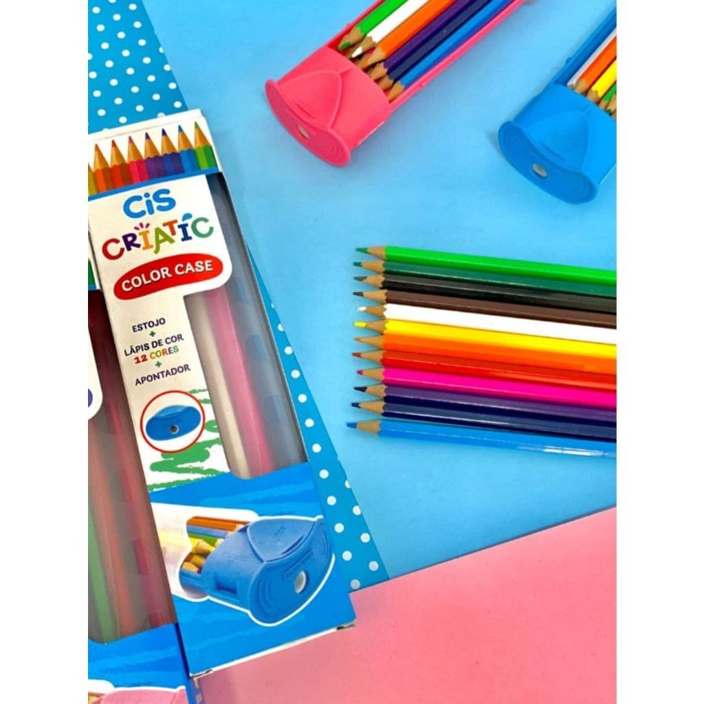 Estojo com Lapis de Cor Cores Coloridas com 12 Cores Com Apontador - Volta as Aulas - Material Escolar