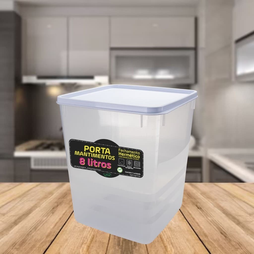 Pote Hermético 5kg Arroz Capacidade 8,0L Tampa Branca Empilháveis Retangular Tampa Trava